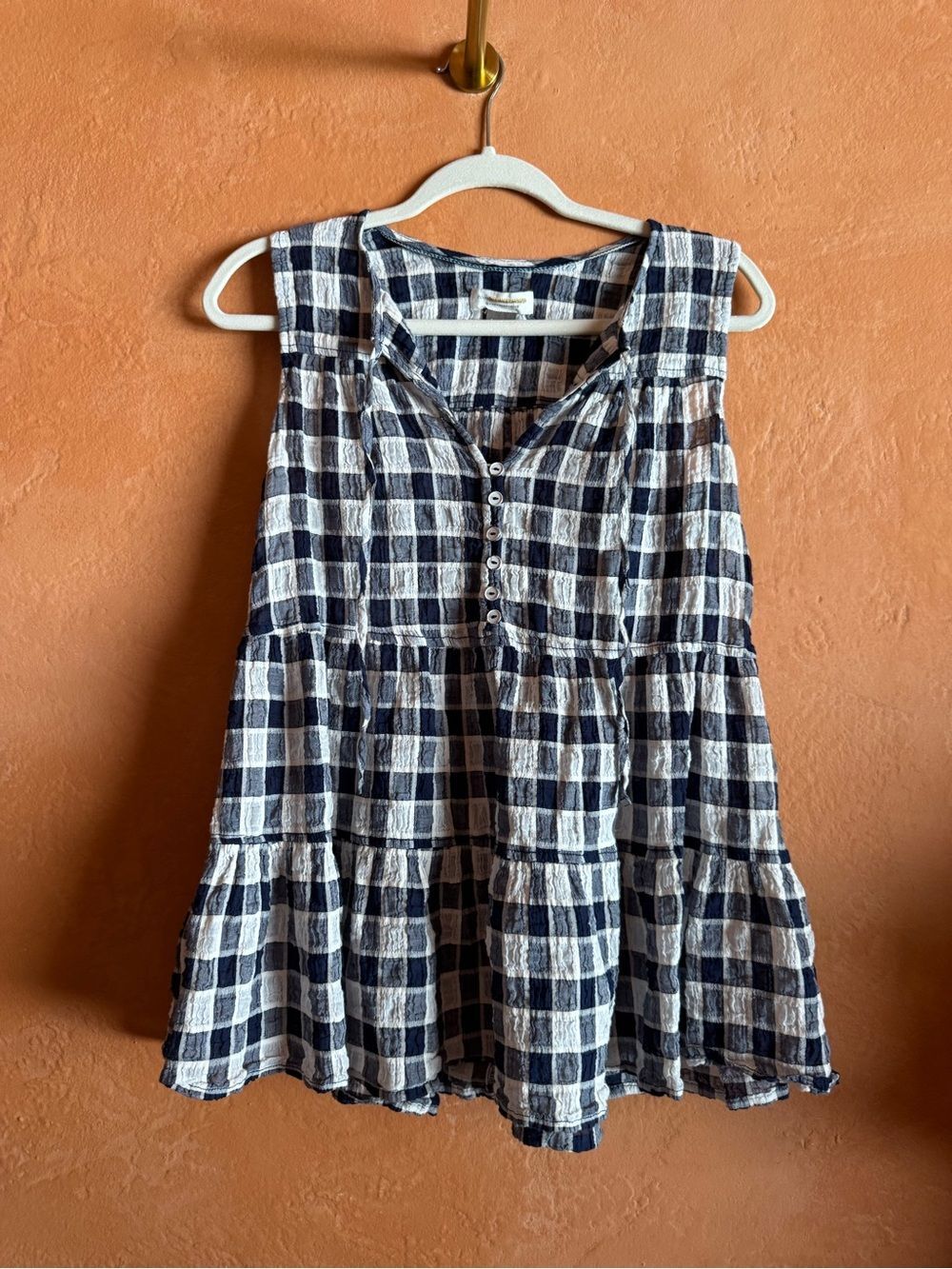 Pilcro by Anthropologie Navy White Gingham Tiered Tunic Top XS